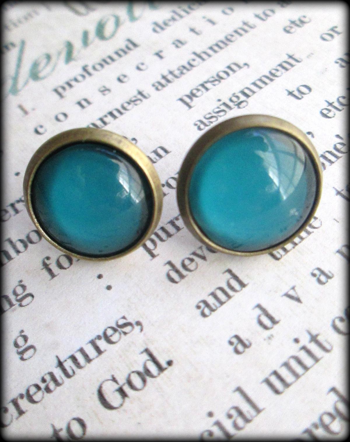 Teal Blue Round Post Earrings.vintage Style.antiqued Brass.blue.trendy.summer Style.post Earrings.earrings.
