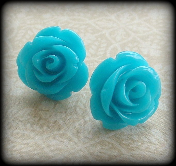 Turquoise Blue Rose Post Earrings.